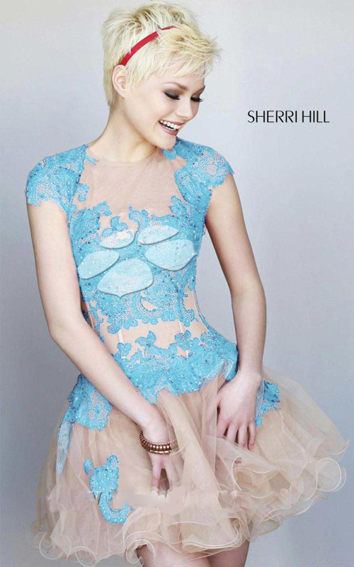 a line lace homecoming dress blue Sherri Hill 11153