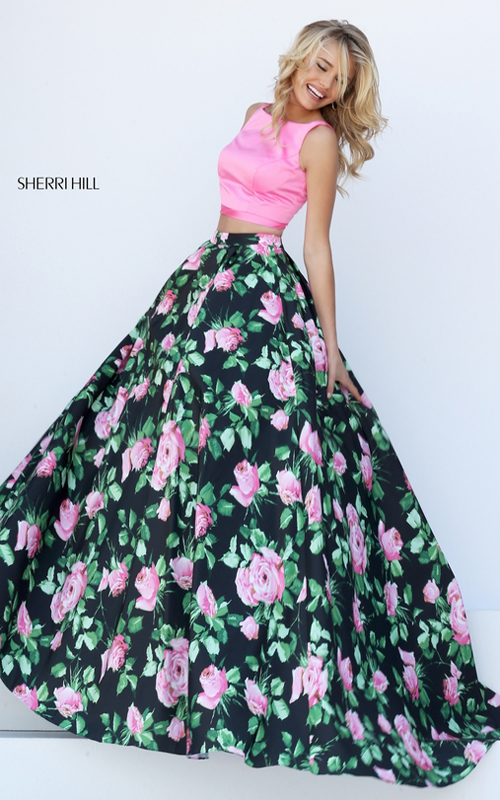 a line Sherri Hill 50456 two piece floral prom dress 2016