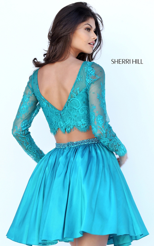 2016 Sherri Hill 50556 Lace Two Piece Party Dress Teal_1
